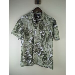 Roundy Bay Mens Medium Green Floral Tribal Hibiscus Aloha Camp Shirt RN104283